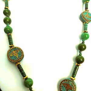 Jade & Malachite Statement Necklace Tibetan Style Handmade Designer Jewelry One